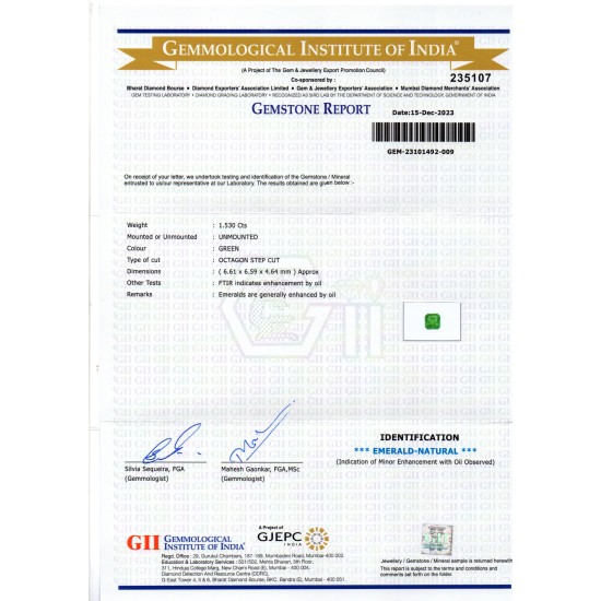1.53 Ct GII Certified Untreated Natural Zambian Emerald Panna AAAA