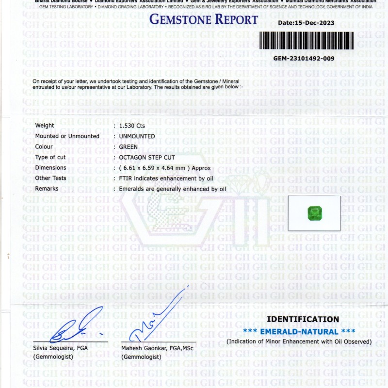 1.53 Ct GII Certified Untreated Natural Zambian Emerald Panna AAAA 1.53 Ct GII Certified Untreated Natural Zambian Emerald Panna AAAA