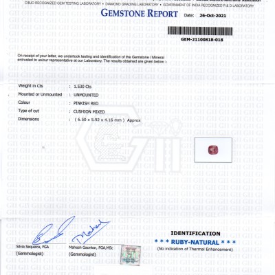 1.53 Ct GII Certified Unheated Untreted Natural Madagaskar Ruby Gems