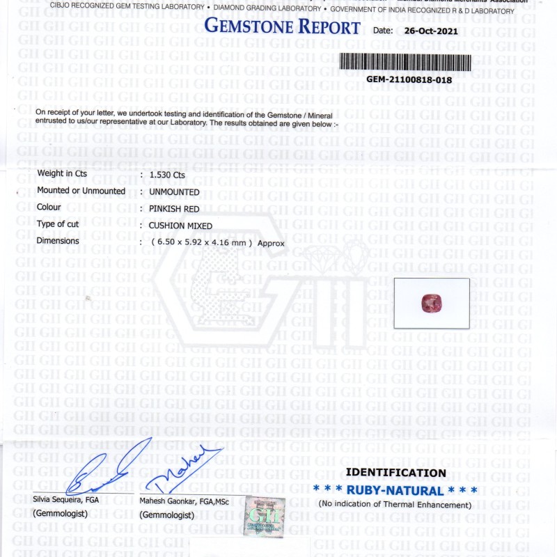 1.53 Ct GII Certified Unheated Untreted Natural Madagaskar Ruby Gems