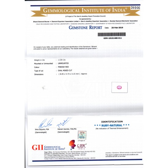 1.53 Ct GII Certified Unheated Untreated Natural Madagaskar Ruby AAA