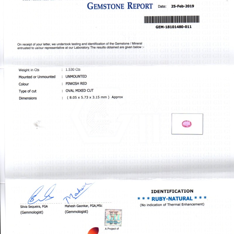 1.53 Ct GII Certified Unheated Untreated Natural Madagaskar Ruby AAA 1.53 Ct GII Certified Unheated Untreated Natural Madagaskar Ruby AAA