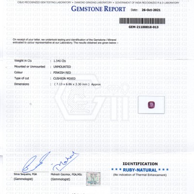 1.54 Ct GII Certified Unheated Untreted Natural Madagaskar Ruby Gems 1.54 Ct GII Certified Unheated Untreted Natural Madagaskar Ruby Gems