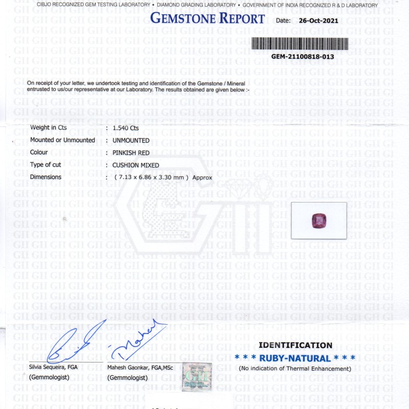 1.54 Ct GII Certified Unheated Untreted Natural Madagaskar Ruby Gems 1.54 Ct GII Certified Unheated Untreted Natural Madagaskar Ruby Gems