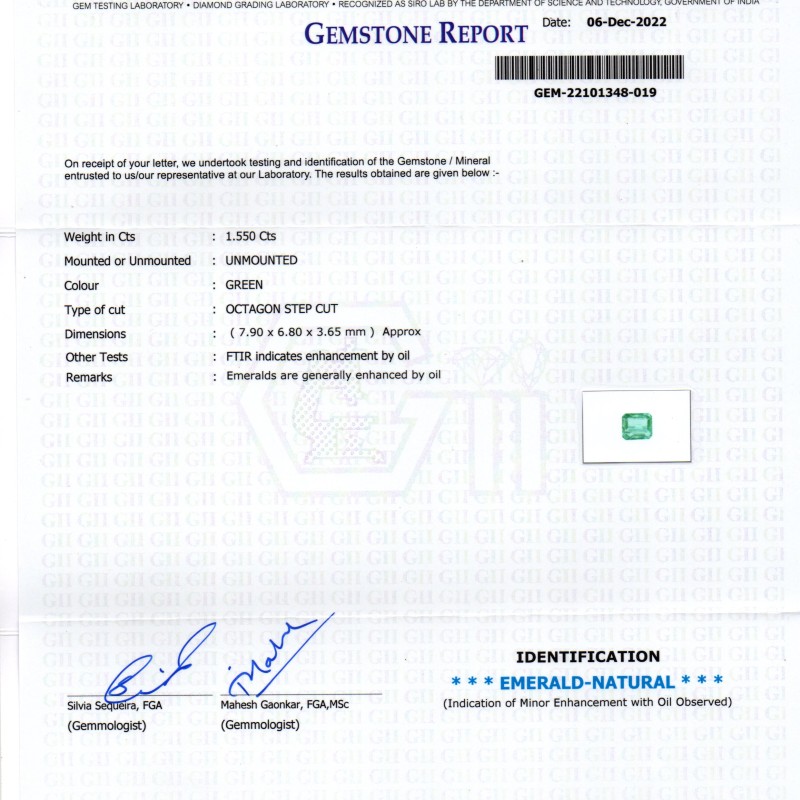 1.55 Ct GII Certified Untreated Natural Colombian Emerald Gemstone AAA 1.55 Ct GII Certified Untreated Natural Colombian Emerald Gemstone AAA