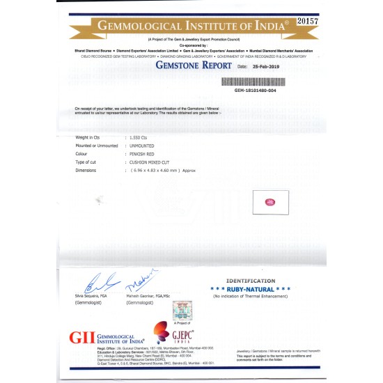 1.55 Ct GII Certified Unheated Untreated Natural Madagaskar Ruby AAA