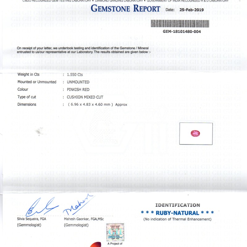 1.55 Ct GII Certified Unheated Untreated Natural Madagaskar Ruby AAA 1.55 Ct GII Certified Unheated Untreated Natural Madagaskar Ruby AAA