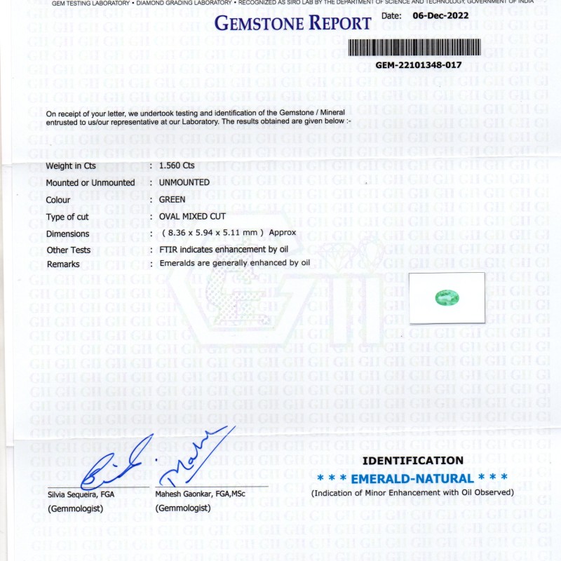 1.56 Ct GII Certified Untreated Natural Colombian Emerald Gemstone AAA