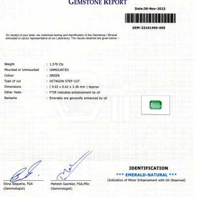 1.57 Ct GII Certified Untreated Natural Zambian Emerald Panna Gems 1.57 Ct GII Certified Untreated Natural Zambian Emerald Panna Gems