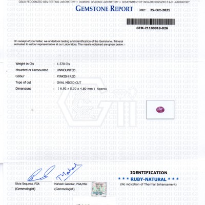1.57 Ct GII Certified Unheated Untreted Natural Madagaskar Ruby Gems 1.57 Ct GII Certified Unheated Untreted Natural Madagaskar Ruby Gems