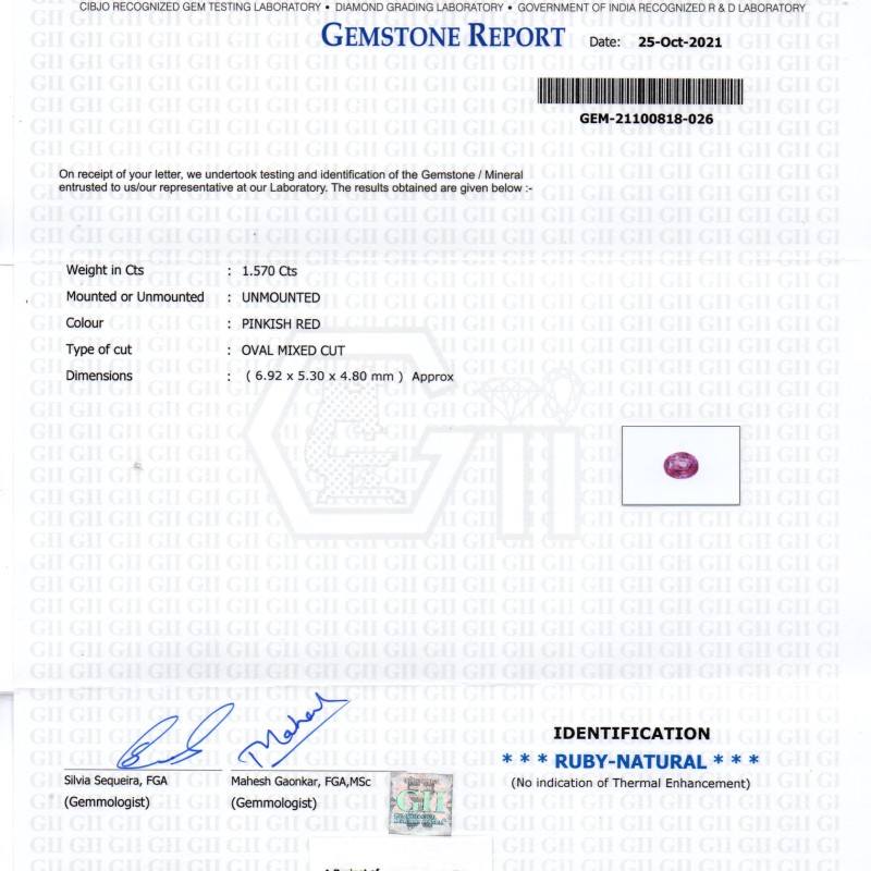 1.57 Ct GII Certified Unheated Untreted Natural Madagaskar Ruby Gems 1.57 Ct GII Certified Unheated Untreted Natural Madagaskar Ruby Gems