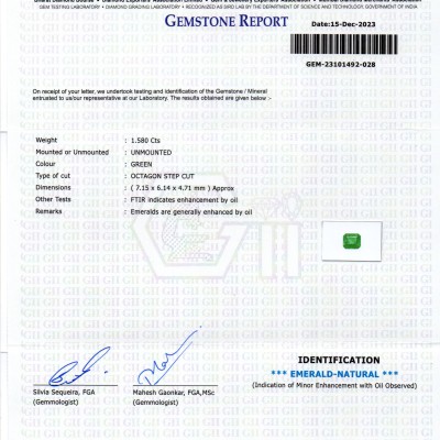 1.58 Ct GII Certified Untreated Natural Zambian Emerald Panna AAAA