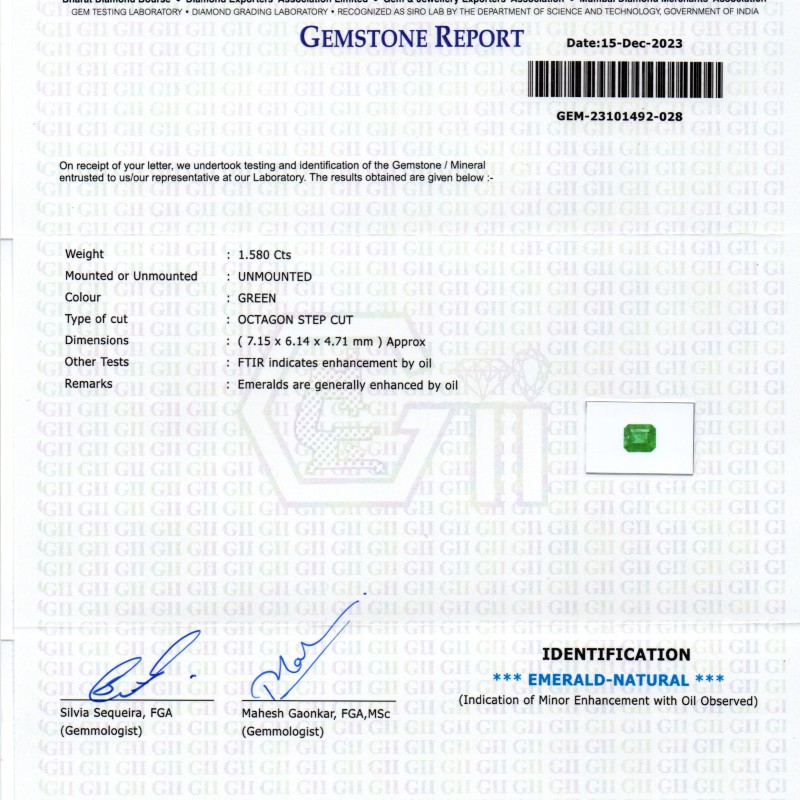 1.58 Ct GII Certified Untreated Natural Zambian Emerald Panna AAAA