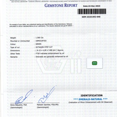 1.58 Ct GII Certified Untreated Natural Zambian Emerald Panna AAA