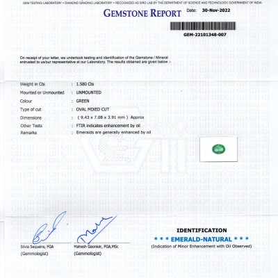 1.58 Ct GII Certified Untreated Natural Zambian Emerald Gemstone AAA 1.58 Ct GII Certified Untreated Natural Zambian Emerald Gemstone AAA