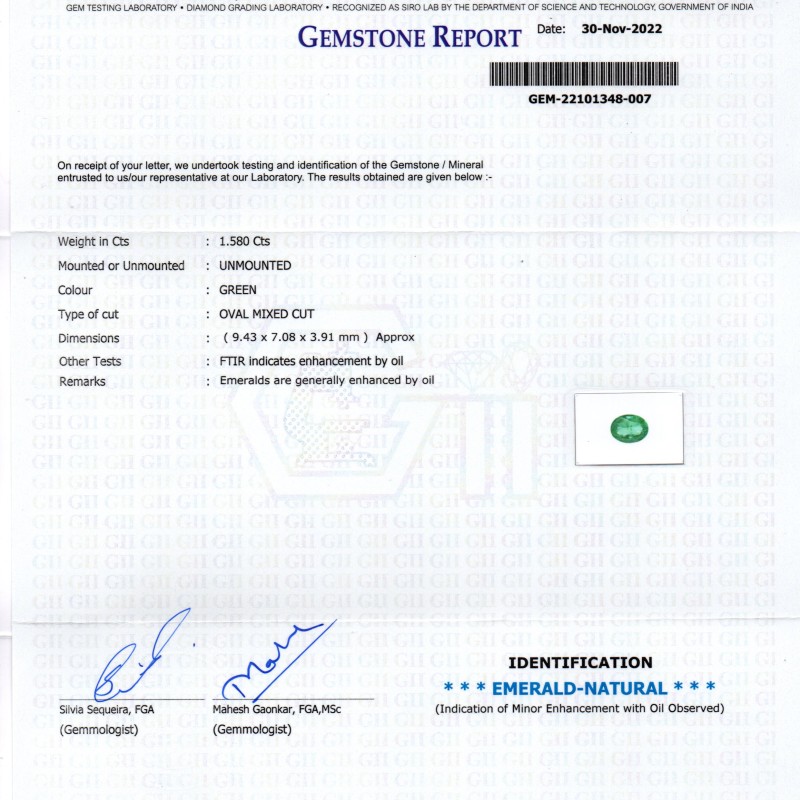1.58 Ct GII Certified Untreated Natural Zambian Emerald Gemstone AAA 1.58 Ct GII Certified Untreated Natural Zambian Emerald Gemstone AAA