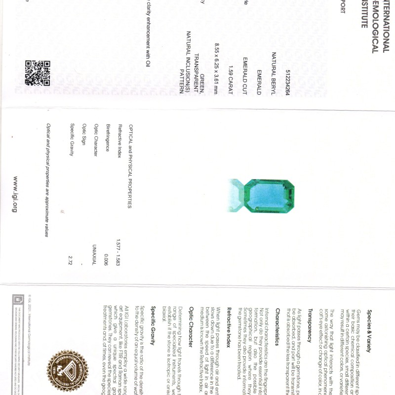 1.59 Ct IGI Certified Untreated Natural Zambian Emerald Gemstone AAA