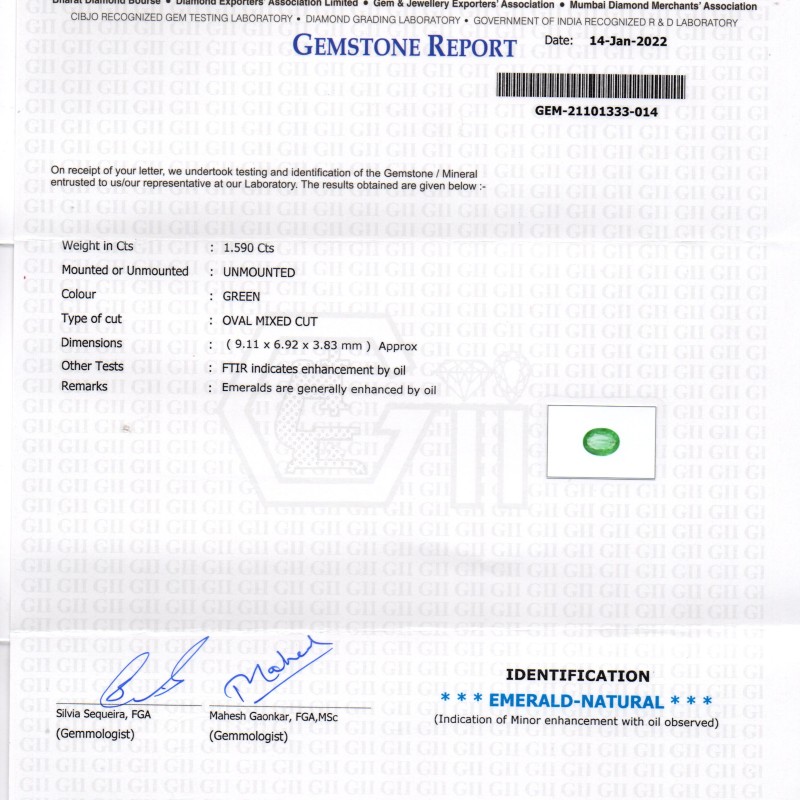 1.59 Ct GII Certified Untreated Natural Zambian Emerald Gemstone 1.59 Ct GII Certified Untreated Natural Zambian Emerald Gemstone