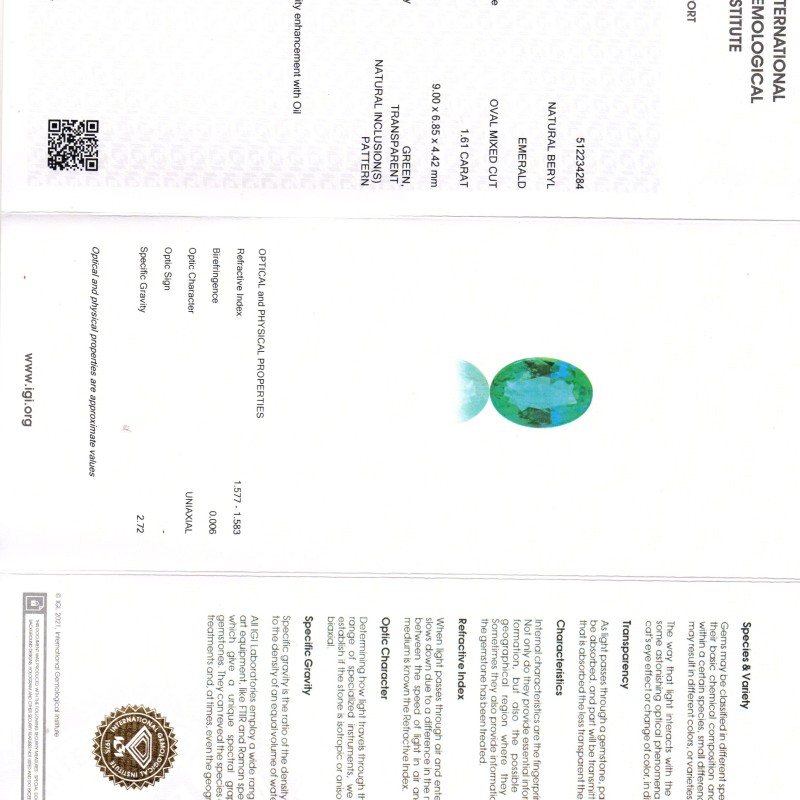 1.61 Ct IGI Certified Untreated Natural Zambian Emerald Gemstone AAA