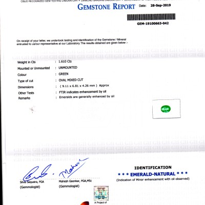 1.61 Ct GII Certified Untreated Natural Zambian Emerald Gemstone AAA 1.61 Ct GII Certified Untreated Natural Zambian Emerald Gemstone AAA