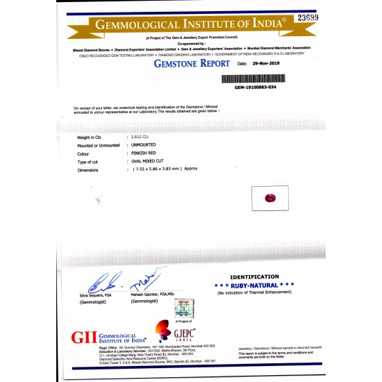 1.61 Ct GII Certified Unheated Untreated Natural Madagaskar Ruby