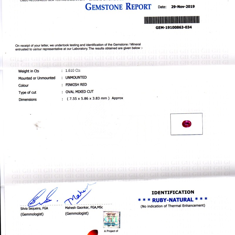 1.61 Ct GII Certified Unheated Untreated Natural Madagaskar Ruby 1.61 Ct GII Certified Unheated Untreated Natural Madagaskar Ruby