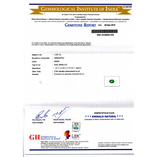 1.62 Ct GII Certified Untreated Natural Zambian Emerald Gemstone AAAAA