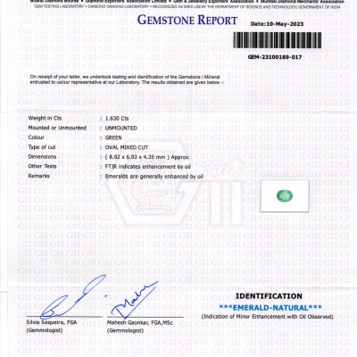 1.63 Ct GII Certified Untreated Natural Zambian Emerald Gemstone Panna