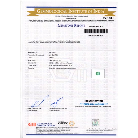 1.63 Ct GII Certified Untreated Natural Zambian Emerald Gemstone Panna