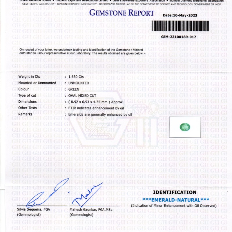 1.63 Ct GII Certified Untreated Natural Zambian Emerald Gemstone Panna