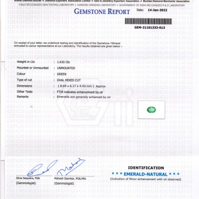 1.63 Ct GII Certified Untreated Natural Zambian Emerald Gemstone 1.63 Ct GII Certified Untreated Natural Zambian Emerald Gemstone