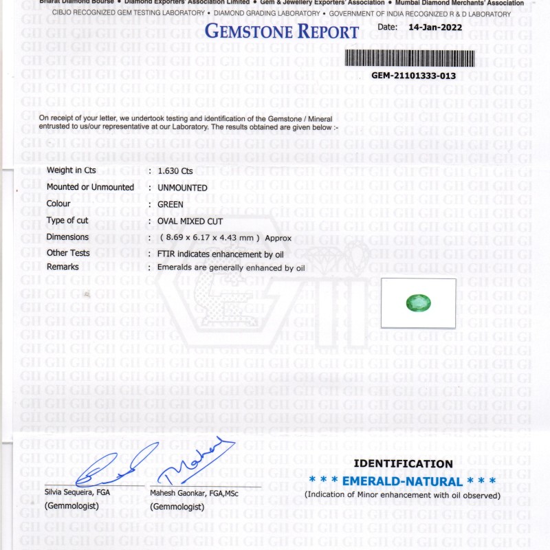 1.63 Ct GII Certified Untreated Natural Zambian Emerald Gemstone 1.63 Ct GII Certified Untreated Natural Zambian Emerald Gemstone
