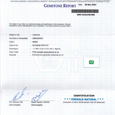 1.64 Ct GII Certified Untreated Natural Zambian Emerald Gemstone AAA