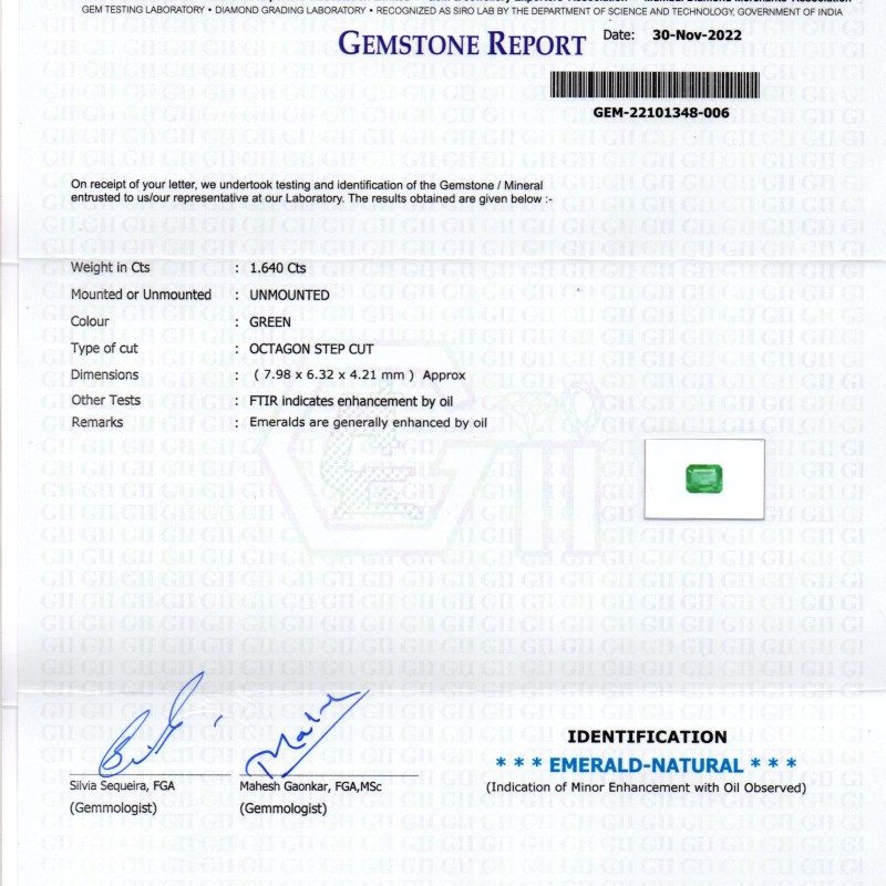 1.64 Ct GII Certified Untreated Natural Zambian Emerald Gemstone AAA