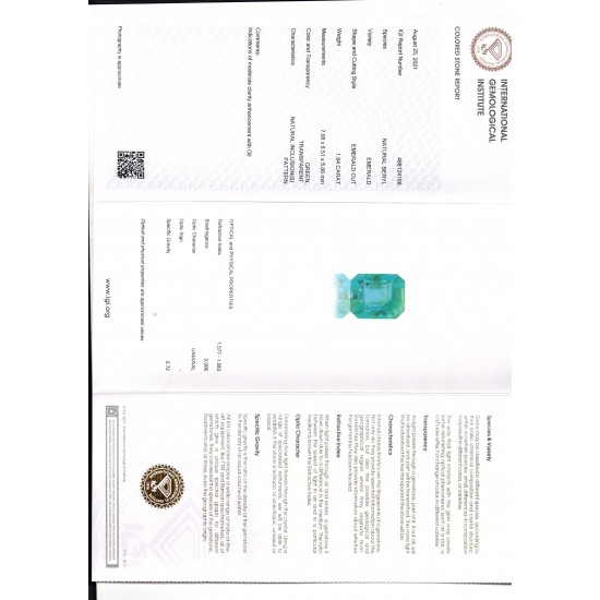 1.64 Ct IGI Certified Untreated Natural Zambian Emerald Gems AAA