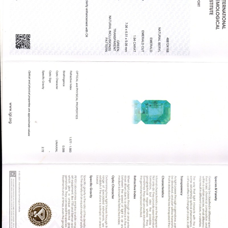 1.64 Ct IGI Certified Untreated Natural Zambian Emerald Gems AAA