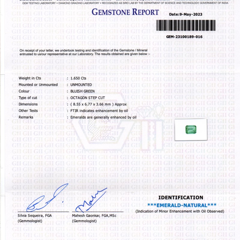 1.65 Ct GII Certified Untreated Natural Zambian Emerald Gemstone Panna 1.65 Ct GII Certified Untreated Natural Zambian Emerald Gemstone Panna