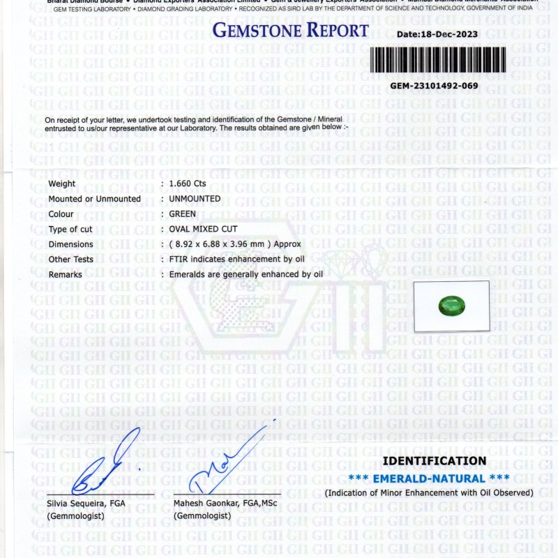 1.66 Ct GII Certified Untreated Natural Zambian Emerald Panna AAA