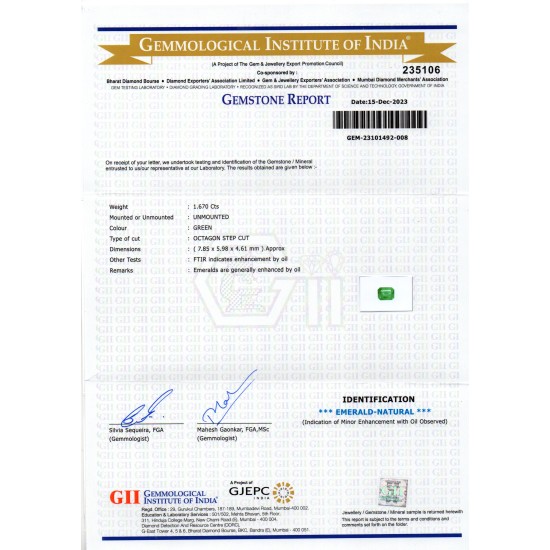 1.67 Ct GII Certified Untreated Natural Zambian Emerald Panna AAA