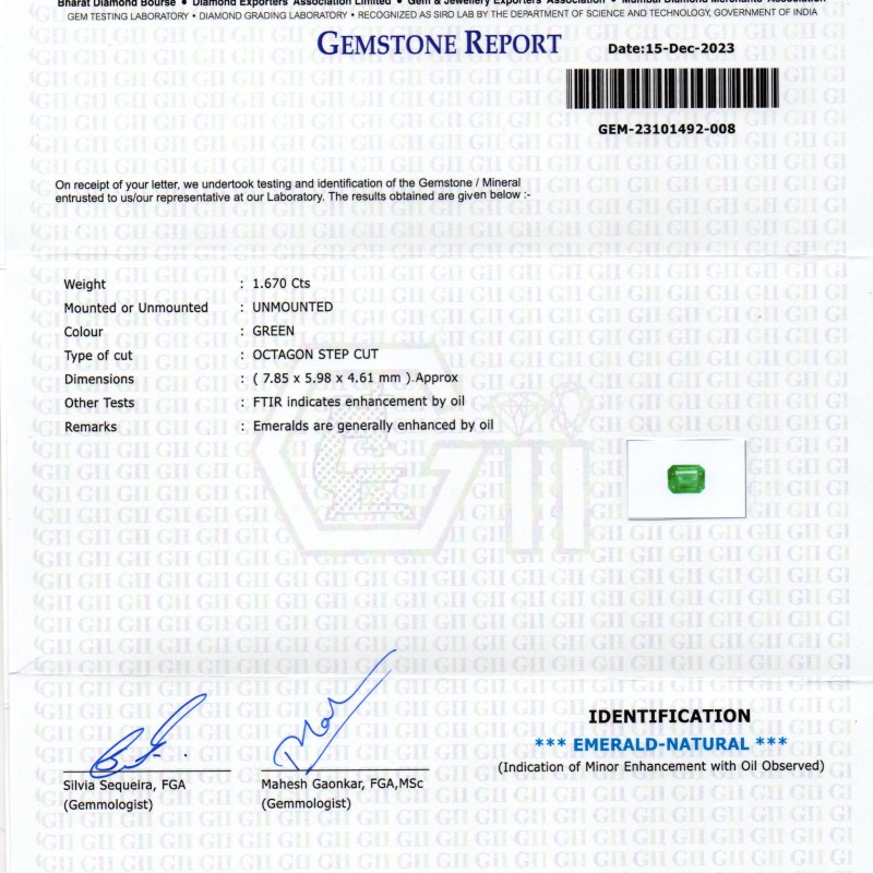 1.67 Ct GII Certified Untreated Natural Zambian Emerald Panna AAA