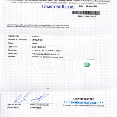 1.68 Ct GII Certified Untreated Natural Zambian Emerald Gemstone 1.68 Ct GII Certified Untreated Natural Zambian Emerald Gemstone