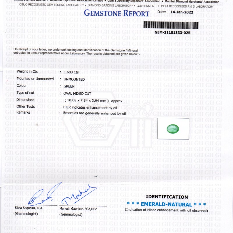 1.68 Ct GII Certified Untreated Natural Zambian Emerald Gemstone 1.68 Ct GII Certified Untreated Natural Zambian Emerald Gemstone