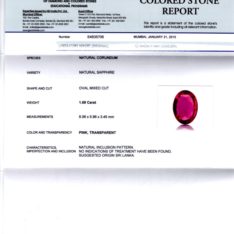 1.68 Ct Certified Unheated Untreated Natural Ceylon Ruby/Sapphire 1.68 Ct Certified Unheated Untreated Natural Ceylon Ruby/Sapphire