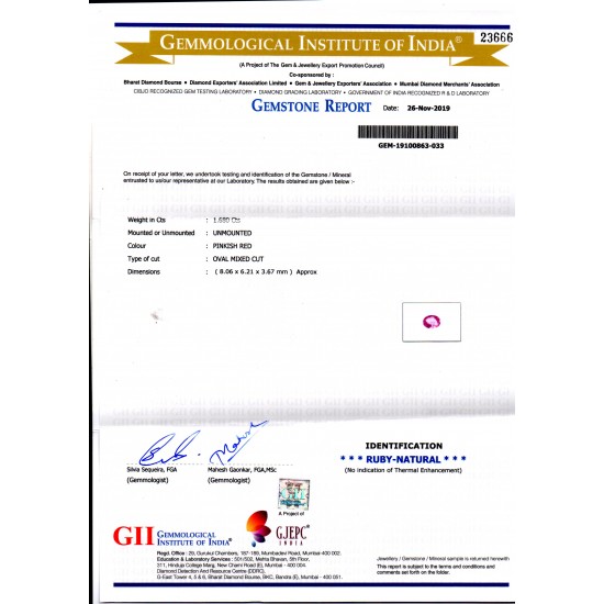 1.68 Ct GII Certified Unheated Untreated Natural Madagaskar Ruby