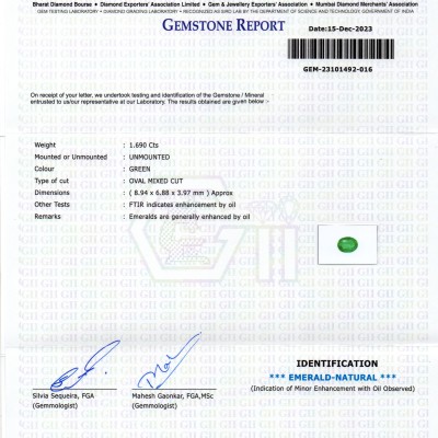 1.69 Ct GII Certified Untreated Natural Zambian Emerald Panna AAA 1.69 Ct GII Certified Untreated Natural Zambian Emerald Panna AAA