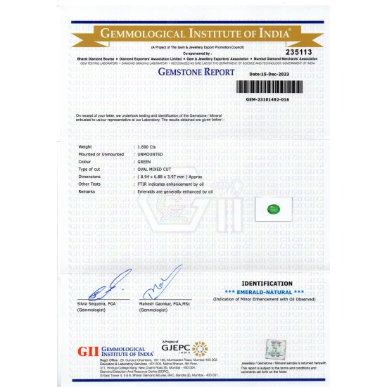 1.69 Ct GII Certified Untreated Natural Zambian Emerald Panna AAA