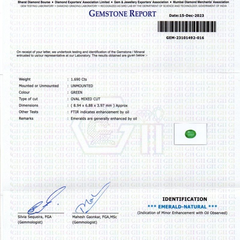 1.69 Ct GII Certified Untreated Natural Zambian Emerald Panna AAA 1.69 Ct GII Certified Untreated Natural Zambian Emerald Panna AAA