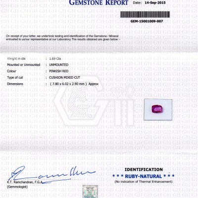 1.69 Ct Certified Unheated Untreated Natural Madagaskar Ruby Stone 1.69 Ct Certified Unheated Untreated Natural Madagaskar Ruby Stone