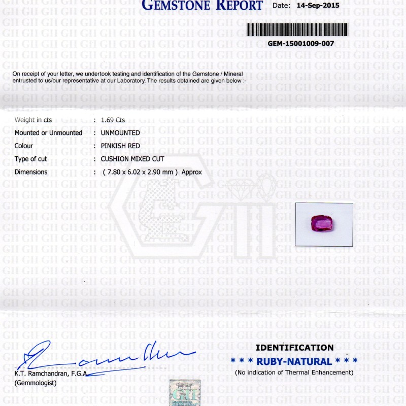 1.69 Ct Certified Unheated Untreated Natural Madagaskar Ruby Stone 1.69 Ct Certified Unheated Untreated Natural Madagaskar Ruby Stone