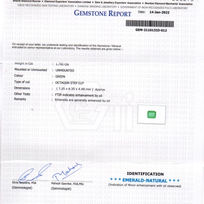 1.70 Ct GII Certified Untreated Natural Zambian Emerald Gemstone